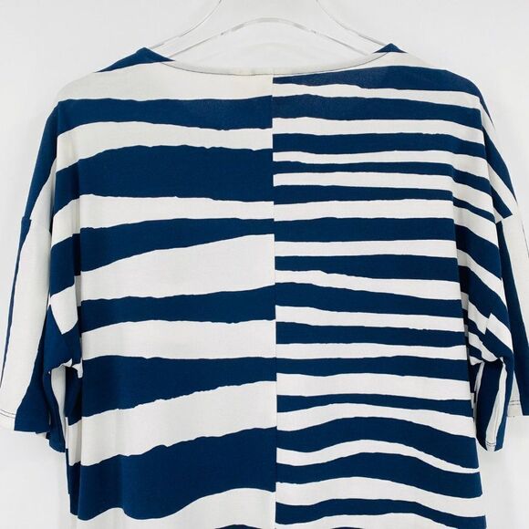 Chico's Size 0 Small Navy & White Striped Fringed Boxy Short Sleeve Blouse Top - Picture 7 of 9